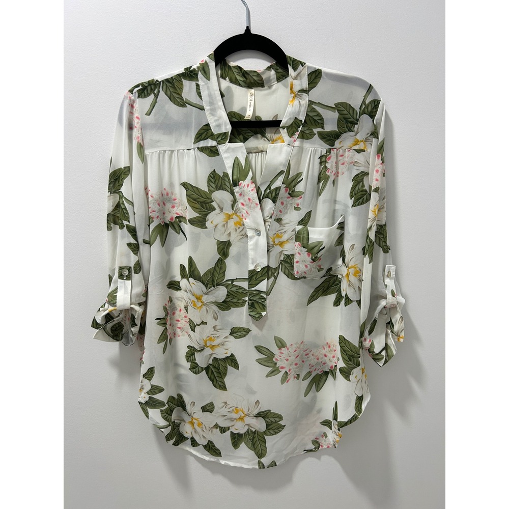 DNA Couture Womens 1X Floral Split Neck Roll Tab Sleeve feminine Blouse White